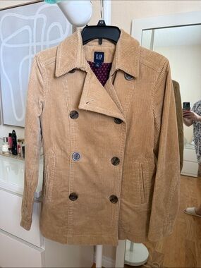 GAP Women's Camel Corduroy Double-Breasted Pea Coat